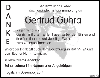 Traueranzeige von Gertrud  Guhra von Super Sonntag Zeitz