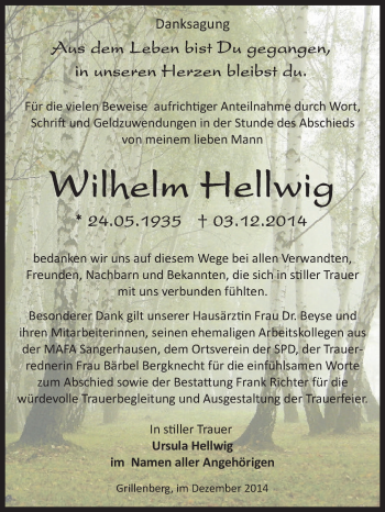 Traueranzeige von Wilhelm Hellwig von Super Sonntag SGH Mansf. Land