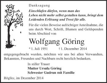 Traueranzeige von Wolfgang Göring von Super Sonntag Merseburg