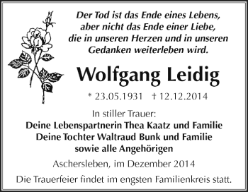 Traueranzeige von Wolfgang Leidig von WVG - Wochenspiegel Dessau / Köthen