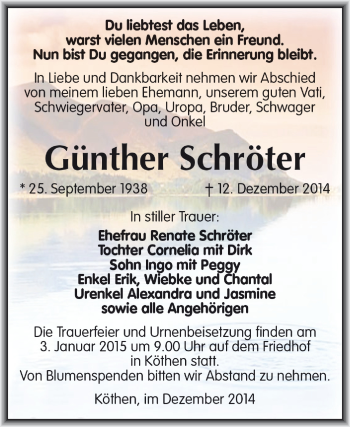 Traueranzeige von Günther Schröter von WVG - Wochenspiegel Dessau / Köthen