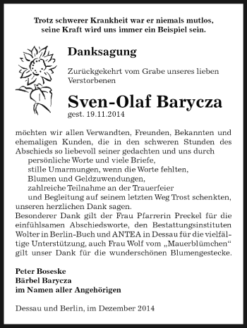 Traueranzeige von Sven-Olaf Barycza von WVG - Wochenspiegel Dessau / Köthen