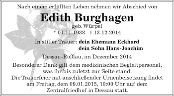 Traueranzeige von Edith Burghagen von WVG - Wochenspiegel Dessau / Köthen