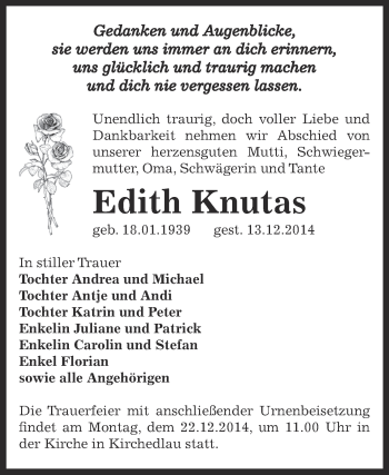 Traueranzeige von Edith Knutas von Super Sonntag Bernburg