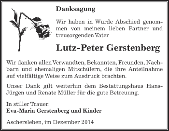 Traueranzeige von Lutz-Peter Gerstenberg von Super Sonntag Aschersleben