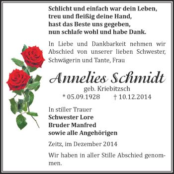 Traueranzeige von Annelies Schmidt von Super Sonntag Zeitz