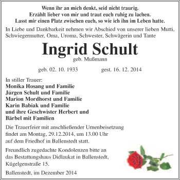 Traueranzeige von Ingrid Schult von WVG - Wochenspiegel Quedlinburg