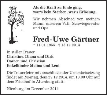 Traueranzeige von Fred-Uwe Gärtner von Super Sonntag Bernburg
