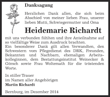 Traueranzeige von Heidemarie Richardt von Super Sonntag Bernburg