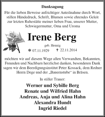 Traueranzeige von Irene Berg von WVG - Wochenspiegel Dessau / Köthen