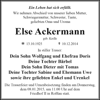 Traueranzeige von Else Ackermann von WVG - Wochenspiegel Dessau / Köthen