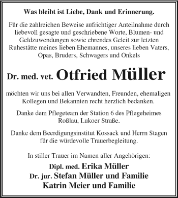 Traueranzeige von Otfried Müller von WVG - Wochenspiegel Dessau / Köthen