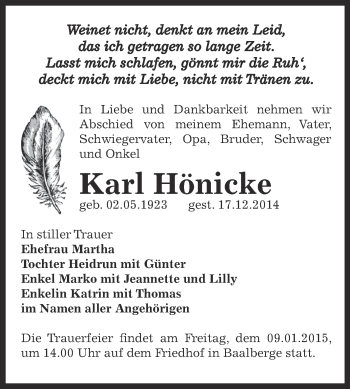 Traueranzeige von Karl Hönicke von Super Sonntag Bernburg