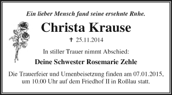 Traueranzeige von Christa Krause von WVG - Wochenspiegel Dessau / Köthen