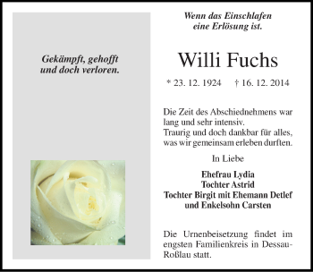 Traueranzeige von Willi Fuchs von Mitteldeutsche Zeitung Halle/Saalkreis