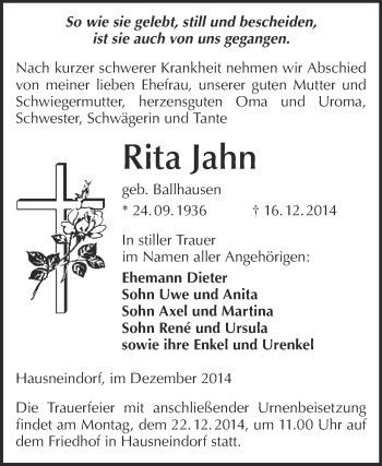 Traueranzeige von Rita Jahn von WVG - Wochenspiegel Quedlinburg