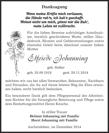 Traueranzeige von Elfriede Johanning von Super Sonntag Aschersleben