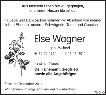 Traueranzeige von Else Wagner von Super Sonntag Zeitz
