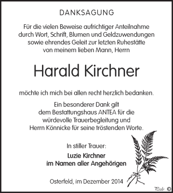 Traueranzeige von Harald Kirchner von Super Sonntag Zeitz