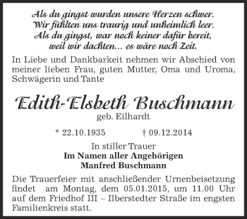 Traueranzeige von Edith-Elsbeth Buschmann von Super Sonntag Bernburg
