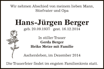 Traueranzeige von Hans-Jürgen Berger von Super Sonntag Aschersleben