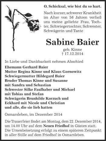 Traueranzeige von Sabine Baier von Super Sonntag Bernburg