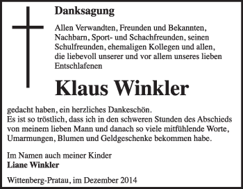 Traueranzeige von Klaus Winkler von Super Sonntag Wittenberg