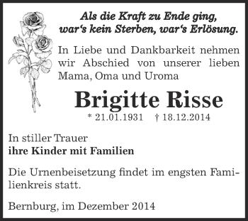 Traueranzeige von Brigitte Risse von Super Sonntag Bernburg
