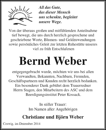 Traueranzeige von Bernd Weber von WVG - Wochenspiegel Dessau / Köthen