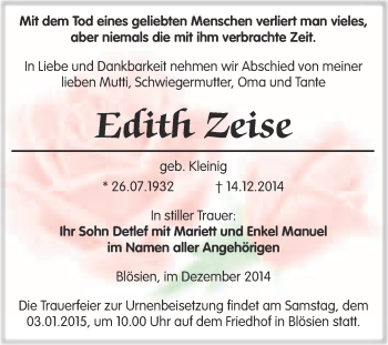 Traueranzeige von Edith Zeise von WVG - Wochenspiegel Merseburg