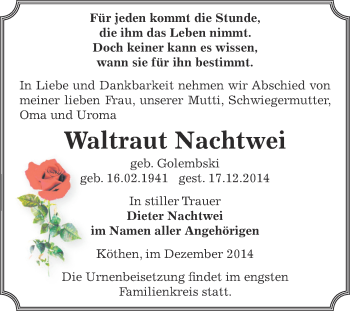 Traueranzeige von Waltraut Nachtwei von WVG - Wochenspiegel Dessau / Köthen