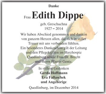 Traueranzeige von Edith Dippe von WVG - Wochenspiegel Quedlinburg