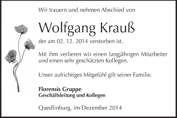 Traueranzeige von Wolfgang Krauß von Super Sonntag Quedlinburg