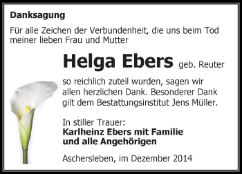 Traueranzeige von Helga Ebers von Super Sonntag Aschersleben