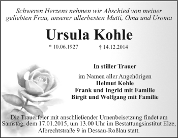 Traueranzeige von Ursula Kohle von WVG - Wochenspiegel Dessau / Köthen