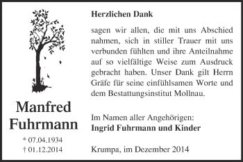 Traueranzeige von Manfred Fuhrmann von WVG - Wochenspiegel Merseburg
