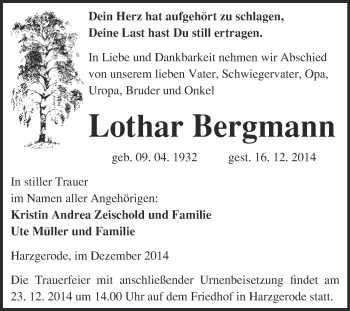 Traueranzeige von Lothar Bergmann von Super Sonntag Quedlinburg