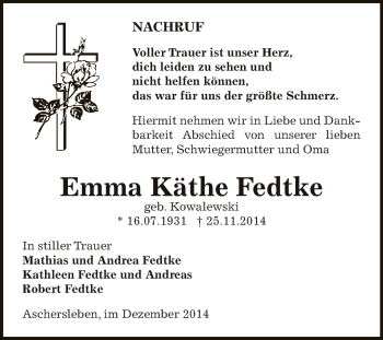 Traueranzeige von Emma Käthe Fedtke von Super Sonntag Aschersleben