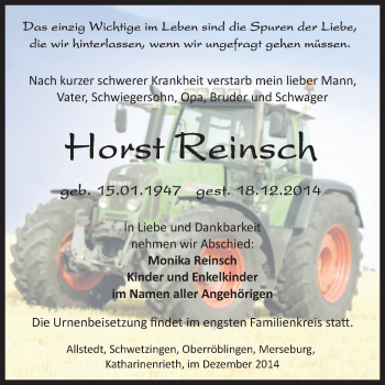 Traueranzeige von Horst Reinsch von Super Sonntag SGH Mansf. Land
