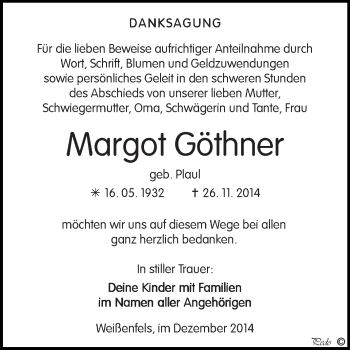 Traueranzeige von Margot Göthner von Super Sonntag Zeitz