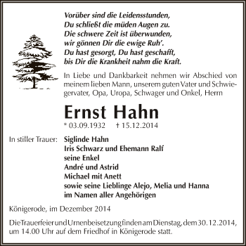 Traueranzeige von Ernst Hahn von Super Sonntag SGH Mansf. Land