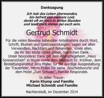 Traueranzeige von Gertrud Schmidt von Super Sonntag Aschersleben