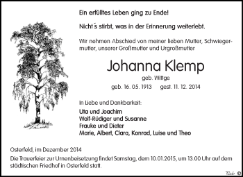 Traueranzeige von Johanna Klemp von Super Sonntag Zeitz