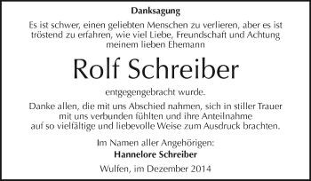 Traueranzeige von Rolf Schreiber von WVG - Wochenspiegel Dessau / Köthen