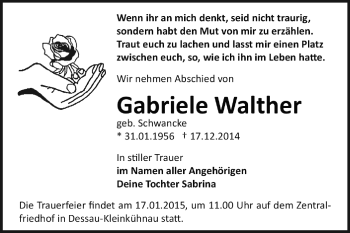 Traueranzeige von Gabriele Walther von WVG - Wochenspiegel Dessau / Köthen