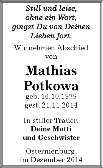 Traueranzeige von Mathias Potkowa von WVG - Wochenspiegel Dessau / Köthen