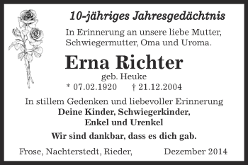 Traueranzeige von Erna Richter von Super Sonntag Aschersleben