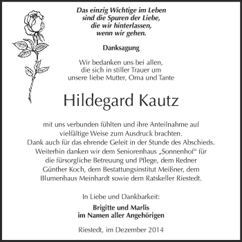 Traueranzeige von Hildegard Kautz von Super Sonntag SGH Mansf. Land