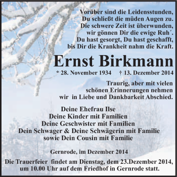 Traueranzeige von Ernst Birkmann von WVG - Wochenspiegel Quedlinburg