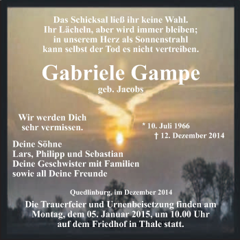 Traueranzeige von Gabriele Gampe von WVG - Wochenspiegel Quedlinburg